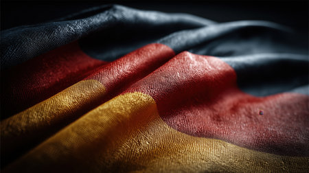 A close-up view of the german flag, showcasing its vibrant colors and fabric texture. This image represents themes of national identity and international relations. ai generated.の素材