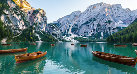 a tranquil mountain lake surrounded by towering peaks and lush greenery. wooden boats float gently on the clear turquoise water, creating a picturesque scene perfect for nature lovers. ai generated.の素材