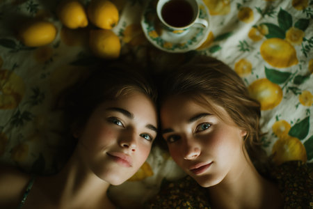 two young women share a tender moment while lying on a floral blanket. The scene is complemented by lemons and a cup of tea, creating a warm and romantic atmosphere. ai generated.の素材