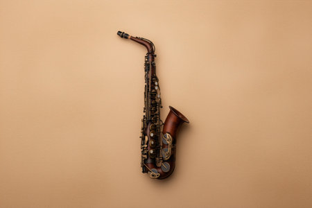 A saxophone displayed against a soft, neutral background, highlighting its elegant design and craftsmanship. This image captures the essence of musical instruments and their artistic appeal. ai generated.の素材