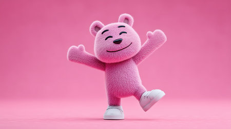 a cheerful pink bear character is depicted in a dynamic dance pose against a pink background. this 3d rendered animal exudes joy and playfulness, making it perfect for children's themes and animations. ai generated.の素材