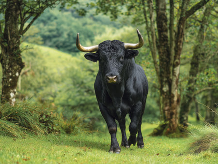 a majestic black bull stands confidently in a lush green pasture surrounded by trees. the serene landscape highlights the beauty of nature and the strength of this powerful animal. ai generated.の素材