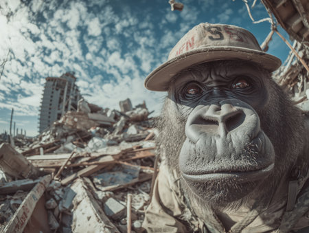 A gorilla wearing a hat stands amidst the rubble of a construction site. The scene captures a unique blend of wildlife and urban decay under a dramatic sky. ai generated.の素材