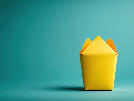 a vibrant yellow chinese takeaway box is displayed against a teal background. this image captures the essence of takeout dining and asian cuisine. ai generated.の素材