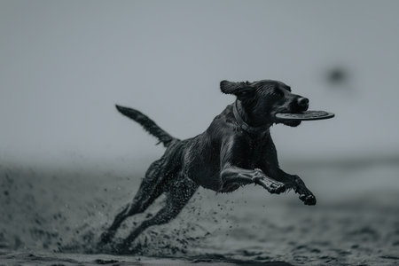 A playful dog is captured mid-action as it runs on the beach, holding a frisbee in its mouth. The image showcases the joy and energy of dogs enjoying outdoor activities. ai generated.の素材