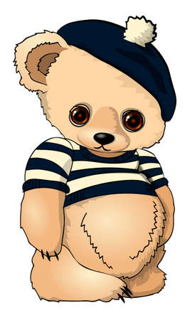 Teddy bear in a striped jacket and a blue beret with a pompom.のイラスト素材