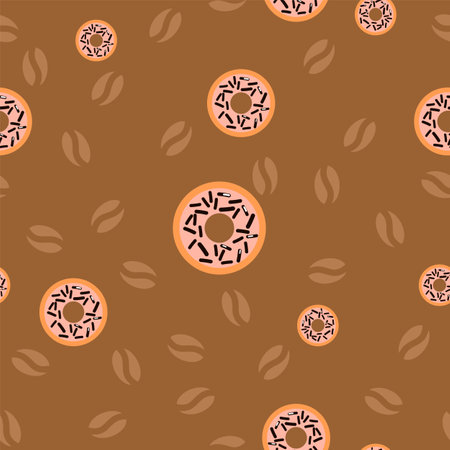 Geometric seamless pattern with coffee beans and glazed donuts with chocolate sprinkles on a creamy background.のイラスト素材