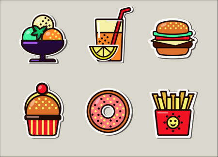 Vector set. The set can be used for fast food establishments, summer outdoor cafes, as stickers and icons for websites. Vector illustration of popular treats. An image of a rosette with three scoops of ice cream garnished with a mint leaf, a glass of lemonade, a large hamburger, a cherry muffin, a glazed sprinkle donut, and a packet of fries.のイラスト素材