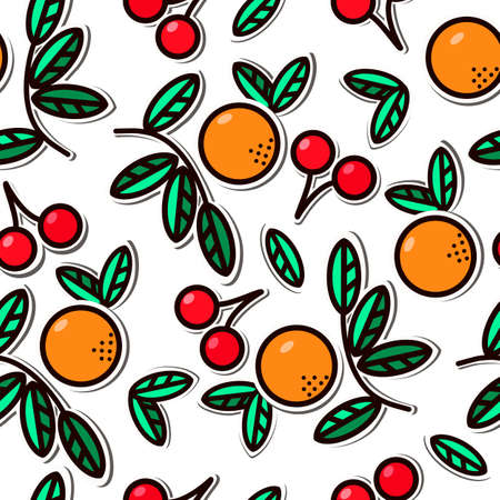 The pattern symbolizes a pleasant summer vacation, enjoying fresh and juicy fruits in the heat. Image of sweet orange, ripe red cherries and green orange leaves. The background color is easy to change.のイラスト素材