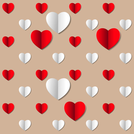 Delicate pastel pattern of red and white hearts. Good for gift wrapping for Valentine's Day. Imitation of paper-cut hearts of different sizes.のイラスト素材