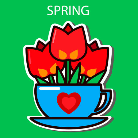 Tulips are symbols of the coming spring. Three red tulips in a blue cup decorated with a heart. The illustration can be used to decorate clothes, stationery, stickers and as a postcard.のイラスト素材