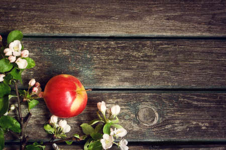Apples with flowers on wooden boardの写真素材