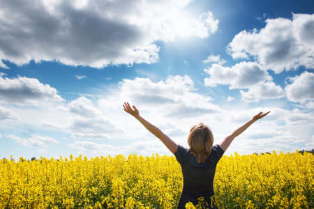Young woman on field with yellow flowersの写真素材