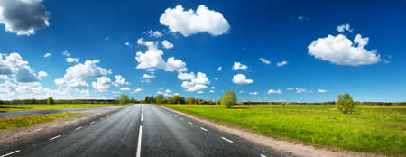 Asphalt road on the dandelion field with beautiful clouds in the skyの写真素材