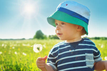 Baby boy standing in grass on the fieald with dandelionsの写真素材
