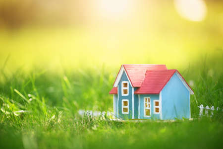 wooden house on the grassの写真素材