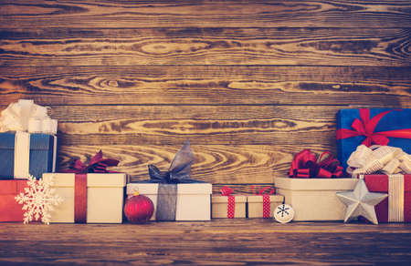 Old wooden planks with christmas decorationの写真素材