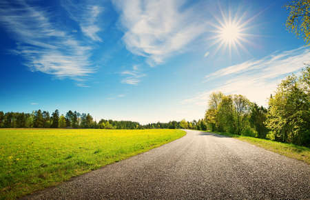 asphalt road panorama in countryside on sunny spring day.. Route in beautiful nature landscape with sun, blue sky, green grass and dandelionsの写真素材