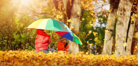 children with umbrellas in beautiful autumnal dayの写真素材
