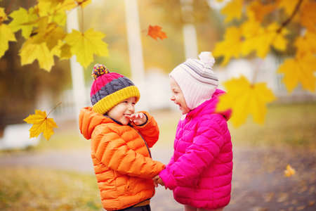 children throwing leaves in beautiful autumnal dayの写真素材