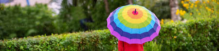 Boy holding colourful umbrella under rain in summerの写真素材