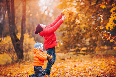 children throwing leaves in beautiful autumnal day. Boys playing outdoors in the parkの写真素材