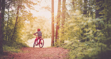 child on a bicycle in the forest in early morningの写真素材