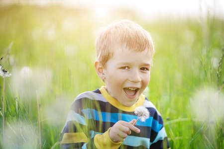 Happy boy standing on the field with dandelions