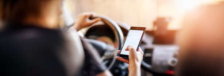 Driver driving a car on asphalt road in summer day at park.の写真素材
