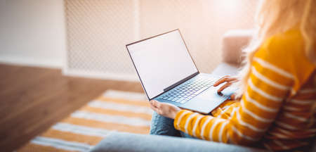 Young woman with laptop sitting on the sofa in living room.の写真素材