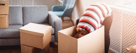 Woman inside a box while preparing to move in new house.