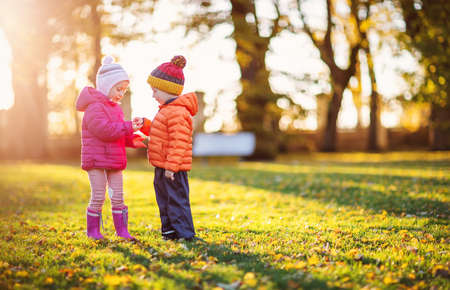 Two children playing in the park togetherの写真素材