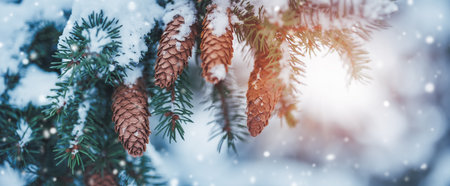 Closeup view of the fir branch with cones in sunlight in winter.の写真素材