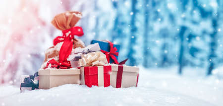 Present bag lying on the fresh snow in winter in forestの写真素材