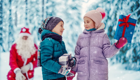Santa Claus giving some present boxes for children in the snowy parkの写真素材