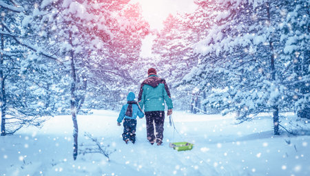 Father and his son walking in the snowy winter forestの写真素材