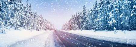 Panoramic view of the beautiful country road in snowfall.の写真素材