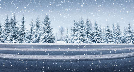 Panoramic view of the beautiful country road in winter in snowfall.の写真素材