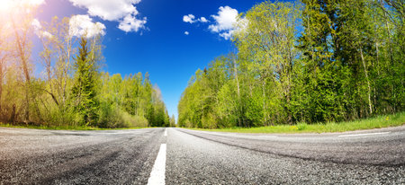 Close-up view of the asphalt road panorama in countryside on sunny day in summer.の写真素材