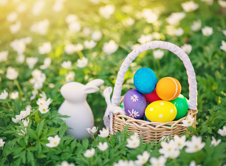 Panoramic view of the spring field with rabbit toy and bascket with colourful eggs on it.の写真素材