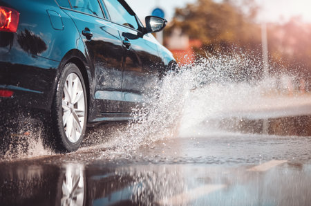 Car driving through the puddle and splashing by water.の写真素材