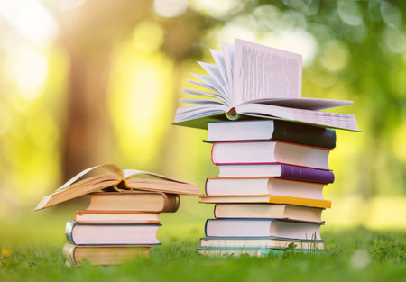 Stacks of the different books are on the green grass in the parkの写真素材