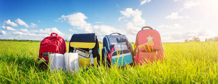 Childrens schoolbags of different colours standing on the green fieldの写真素材