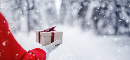 Closeup panoramic view of the Santa Claus hand with giftbox in it.の写真素材