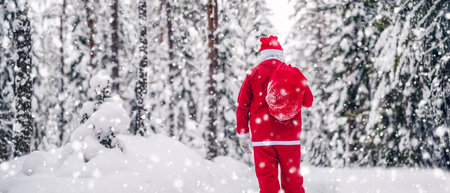 Santa Clause walking through the snowy forest in snowfall.の写真素材