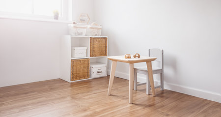 White childroom in pastel colors in scandinavian minimalist style.の写真素材