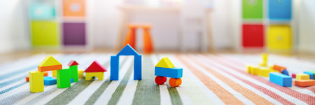 Panoramic background of the colourful blocks in playroom.の写真素材
