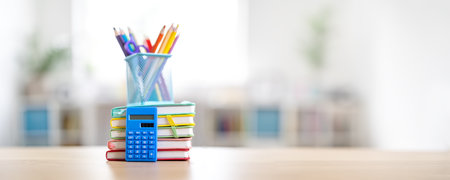 Stationery and notebooks standing on the table indoors.の写真素材