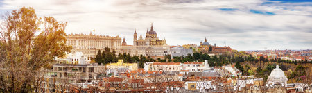Panoramic view on the St. Mary Royal of the Almudena and the Royal Palace in Madrid, Spain.の写真素材