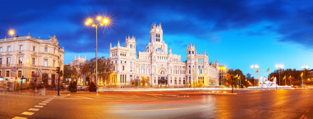 Night view on the square with Cybele Palace in Marid, Spain.の写真素材